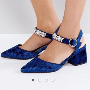 ASOS Navy Blue Embellished Jewel Velvet Mid Heel